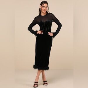 Lulus Sensational Situation Black Velvet Feather Bustier Midi Dress -Size Medium